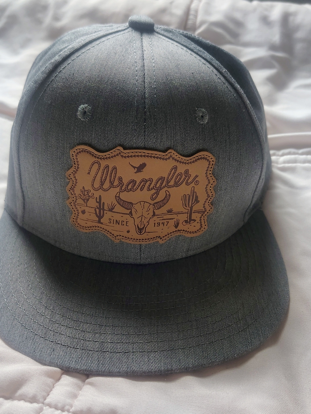 Wrangler Grey Snapback Hat with Tan Leather Patch Logo